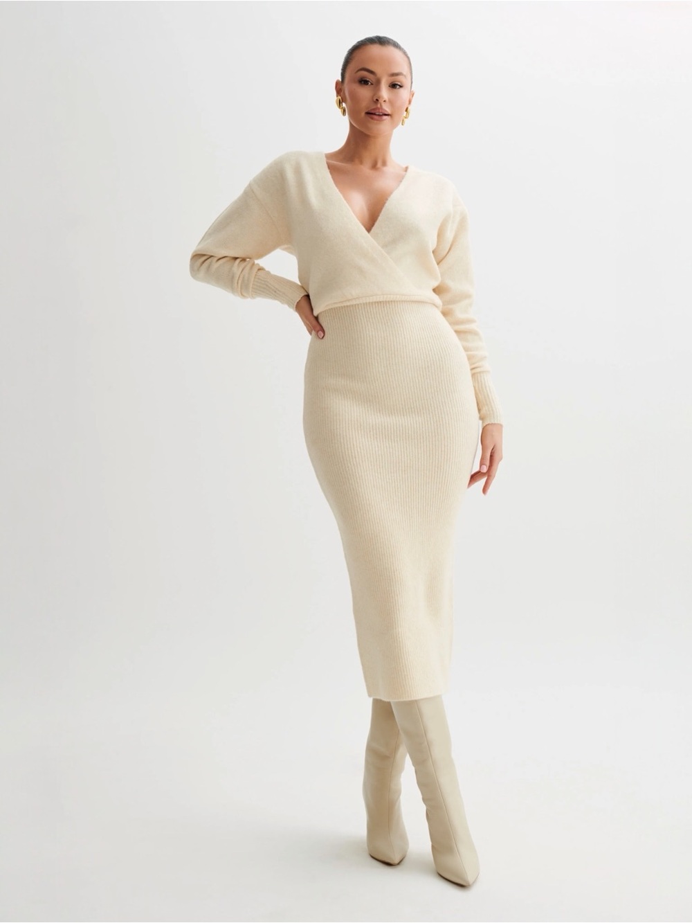 New! MESHKI • Shannon Knit Maxi Dress in Cream Marle
